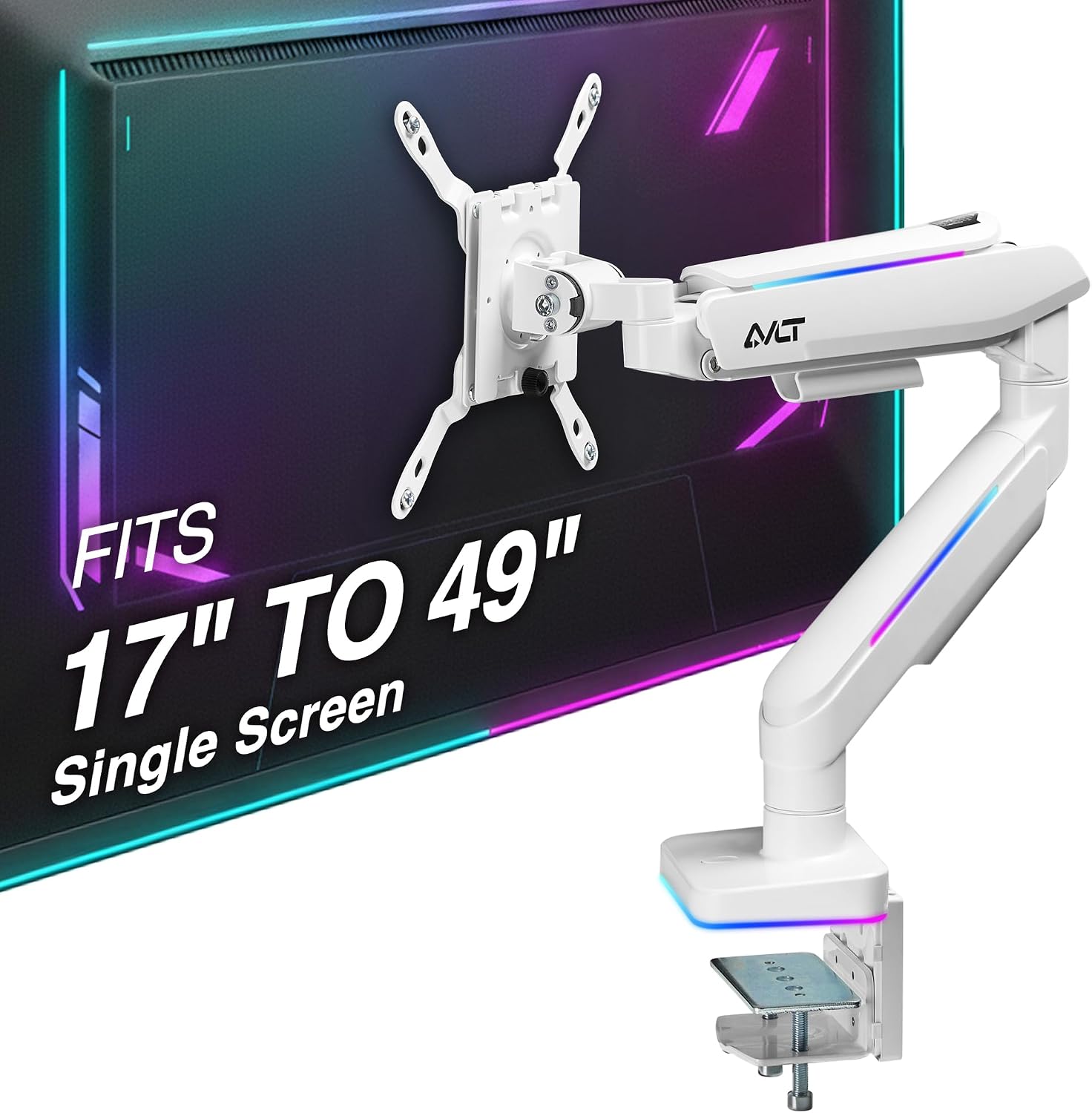 AVLT RGB Lights Single 17'-49' Gaming Monitor Arm Desk Mount, Fits One Flat/Curved/Ultrawide Screen up to 44lbs(20kg), Height Swivel Tilt Adjustable Stand - White