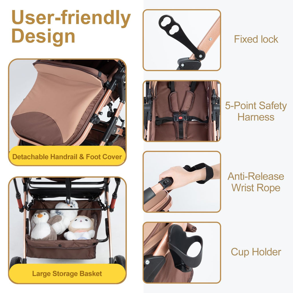 2 in 1 Baby Stroller Newborn Foldable Pushchair with Adjustable Canopy Folding High Landscape Infant Carriage, Anti-Shock Toddler Pushchair