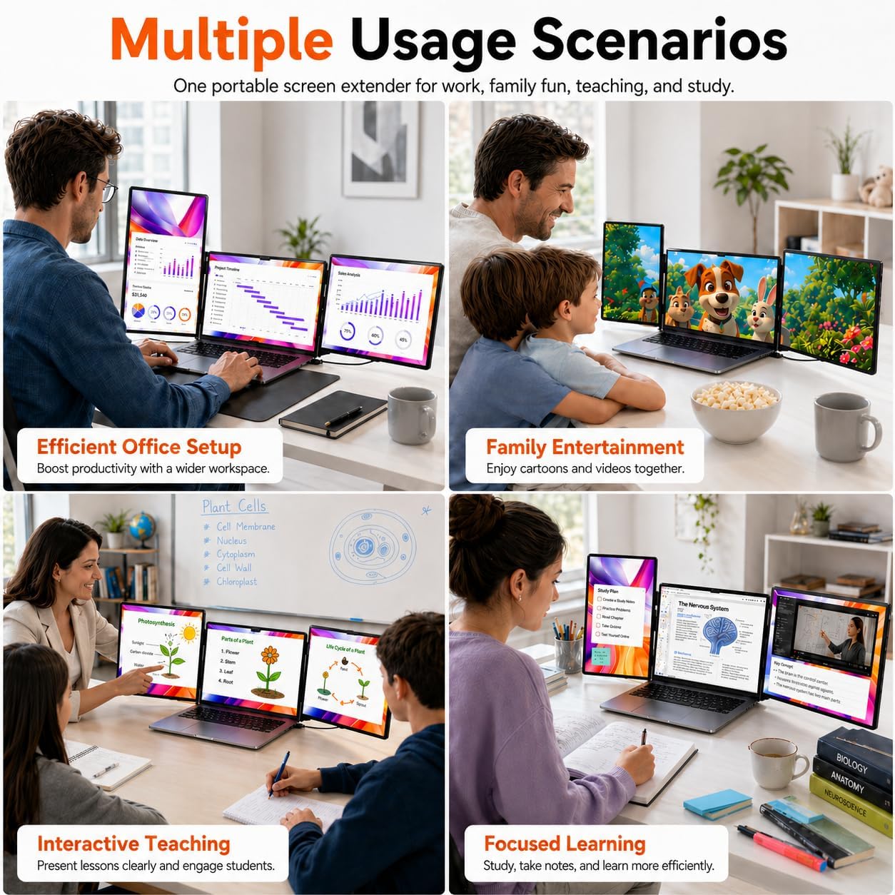 NGTeco 16' Triple Laptop Screen Extender, 1200P IPS Extended Monitor Portable, Plug & Play, Rotation Detachable Screen, Compatible with Windows/Mac/Chrome OS