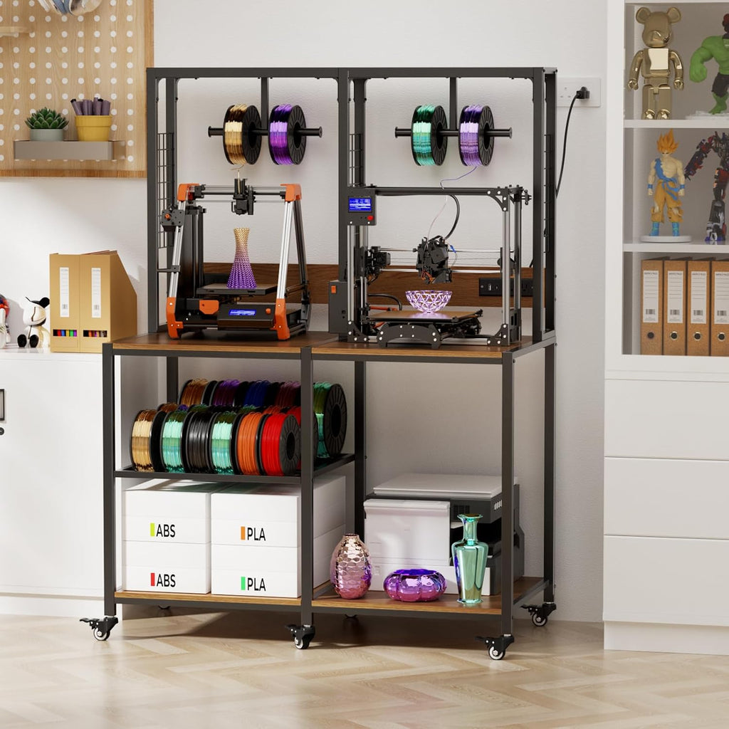 Double 3D Printer Stand with Filament Storage, Heavy-Duty Metal Frame Dual 3D Printer Table Workbench, T-Type Filament Holder, Lockable Wheels, Mobile or Fixed Printer Rack for Home & Workshop