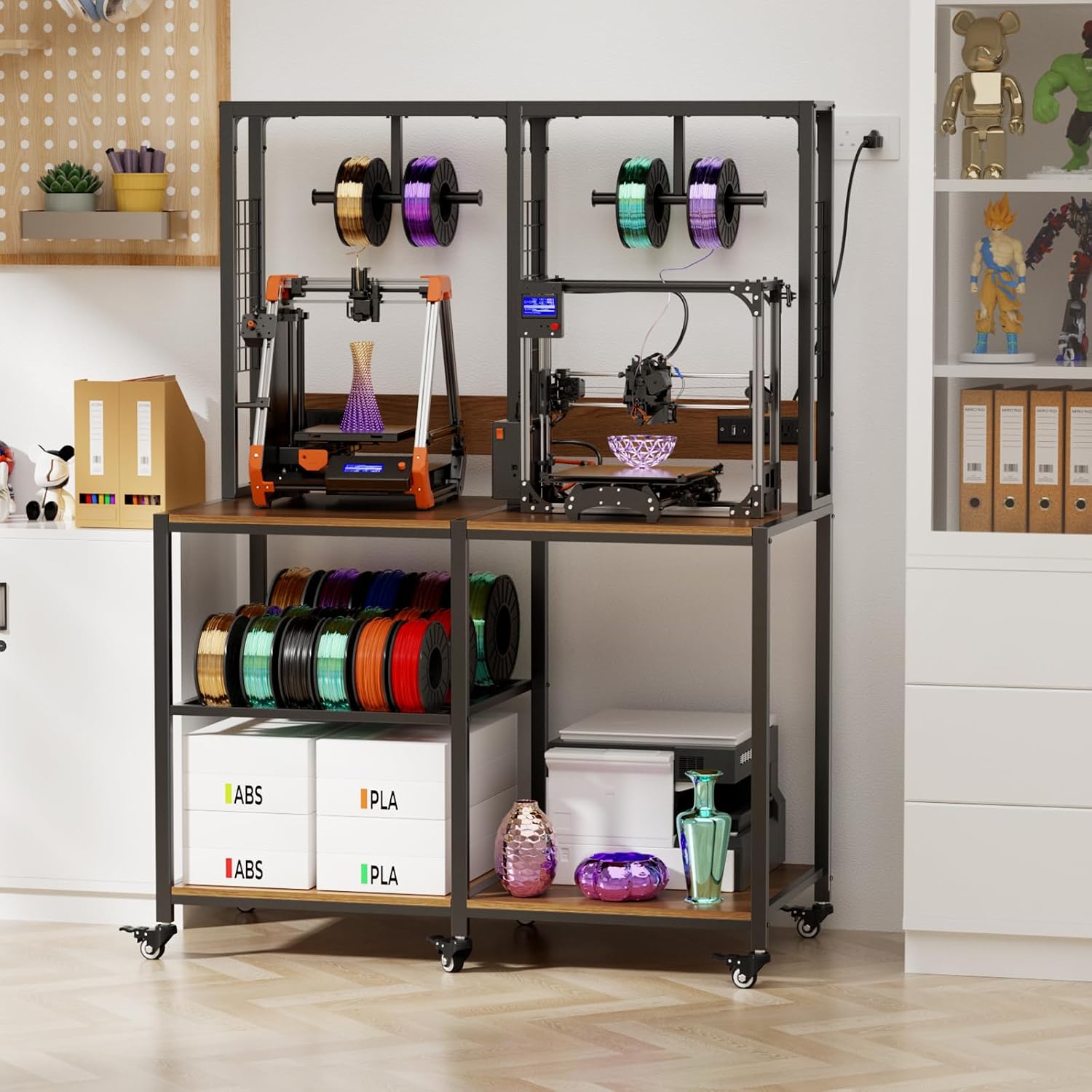 Double 3D Printer Stand with Filament Storage, Heavy-Duty Metal Frame Dual 3D Printer Table Workbench, T-Type Filament Holder, Lockable Wheels, Mobile or Fixed Printer Rack for Home & Workshop