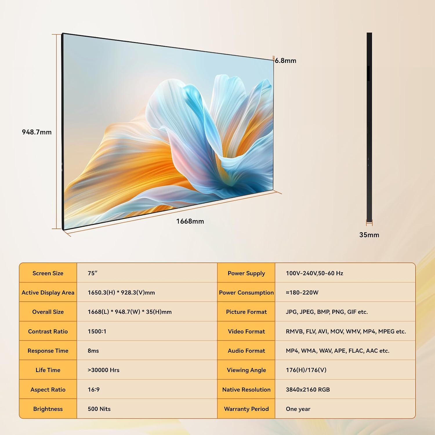 Digital Signage Display 75 inch Wall Mount Digital Menu Board for Restaurants and Stores Advertising Screen 500 nits Ultra-High Brightness 4K UHD Free Web Content Editor Android 4GB + 64GB