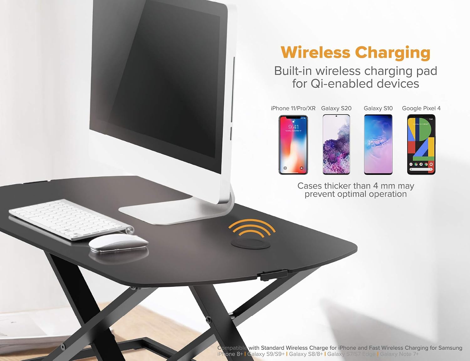 Bostitch Office Sit Stand Desk Converter, Height Adjustable Workstation Riser, Includes Wireless Charging Pad, Black (STND-3122BK)
