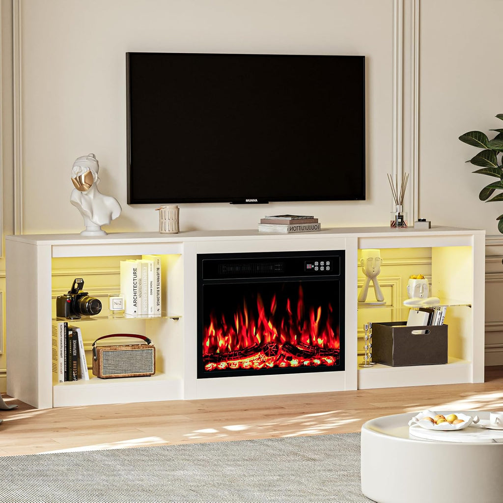 EAG 70 Inche Fireplace TV Stand for TVs up to 80 Inches with 23' Electric Fireplace, Modern Entertainment Center with Glass Shelves, LED Lights, Media TV Console for Living Room, White