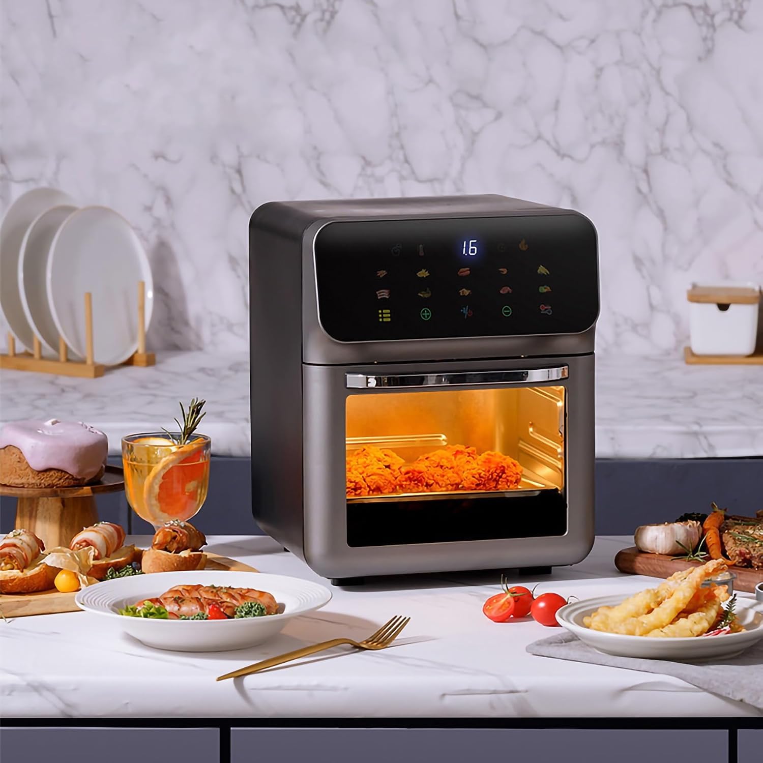 16L Air Fryer Convection Oven Combo, 60min free timer with Built-in baking light, Flip Up & Away 1500W Capability Toaster Oven for oast, Bake, and Broil, Smart