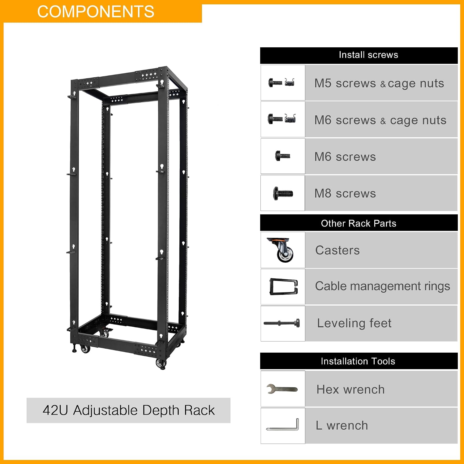 RIVECO 19' Adjustable Depth 42U Server Rack 4 Post Rack with Load-Bearing Casters Support Up to 1700LBS for Networking Equipment Black
