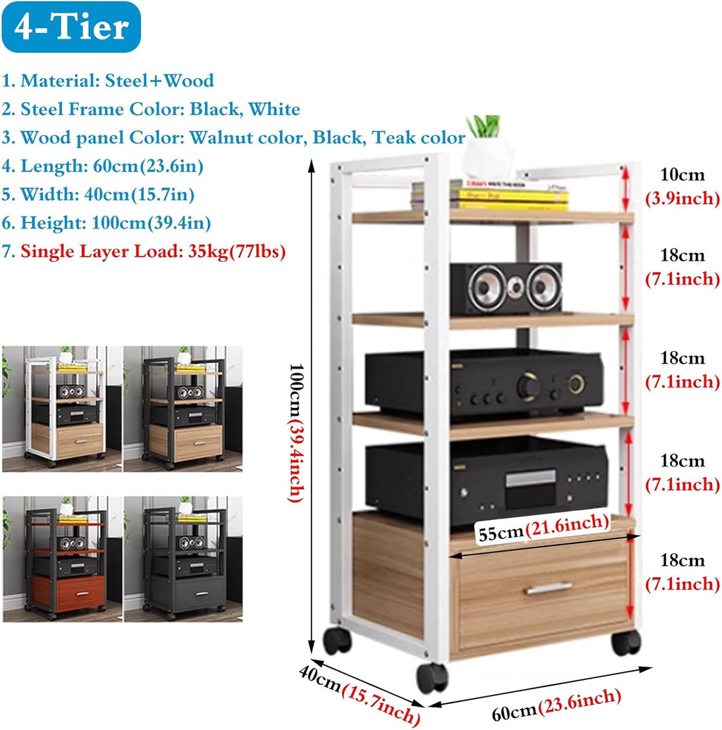 1m Tall Mobile Audio Rack Shelf, Amplifier Holder Cabinet for Recording Room/Home Cinema Media Equipment Storage, Multiple Shelf Entertainment Stand - Black White(B,4 Tier)