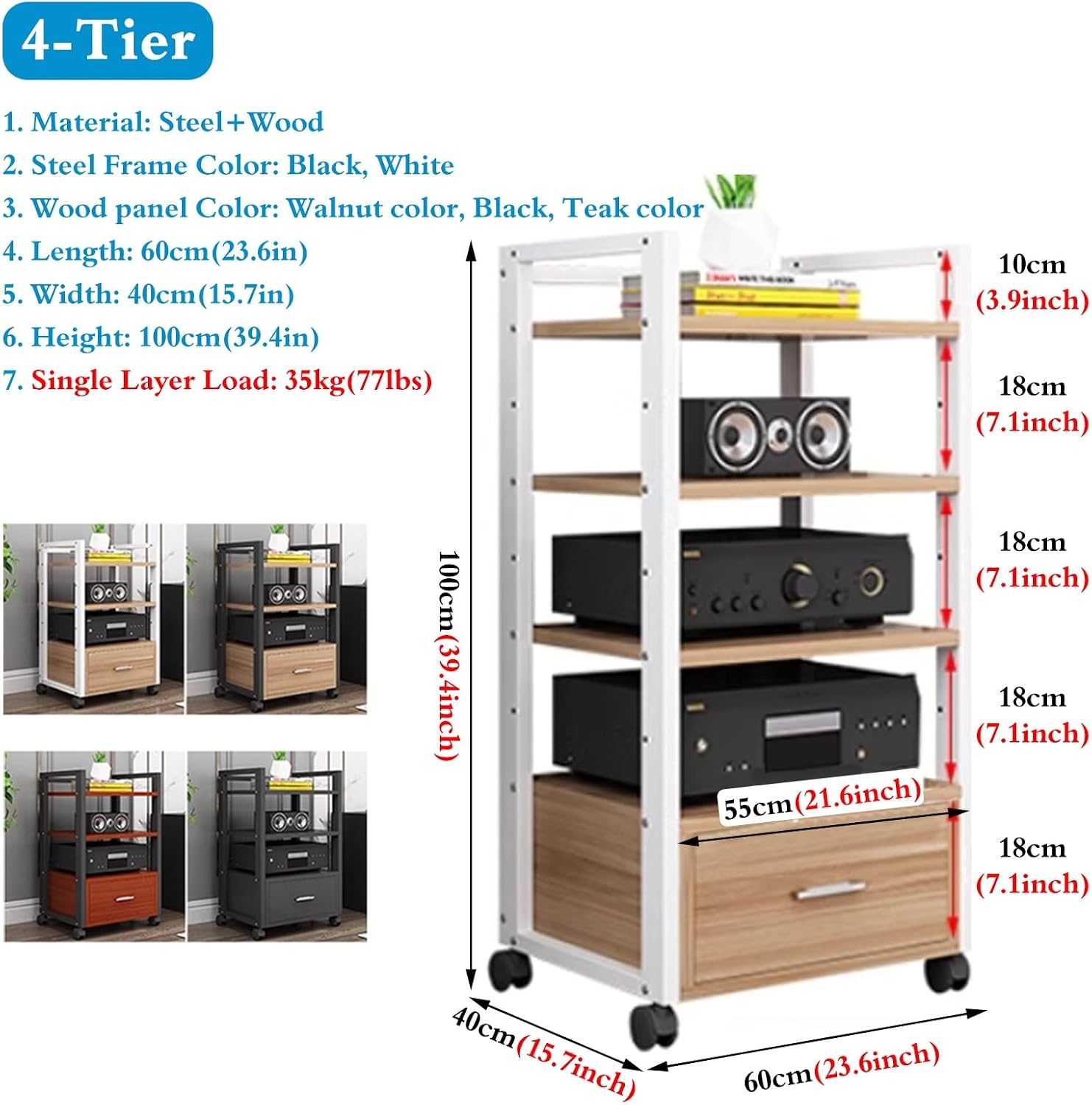 1m Tall Mobile Audio Rack Shelf, Amplifier Holder Cabinet for Recording Room/Home Cinema Media Equipment Storage, Multiple Shelf Entertainment Stand - Black White(B,4 Tier)