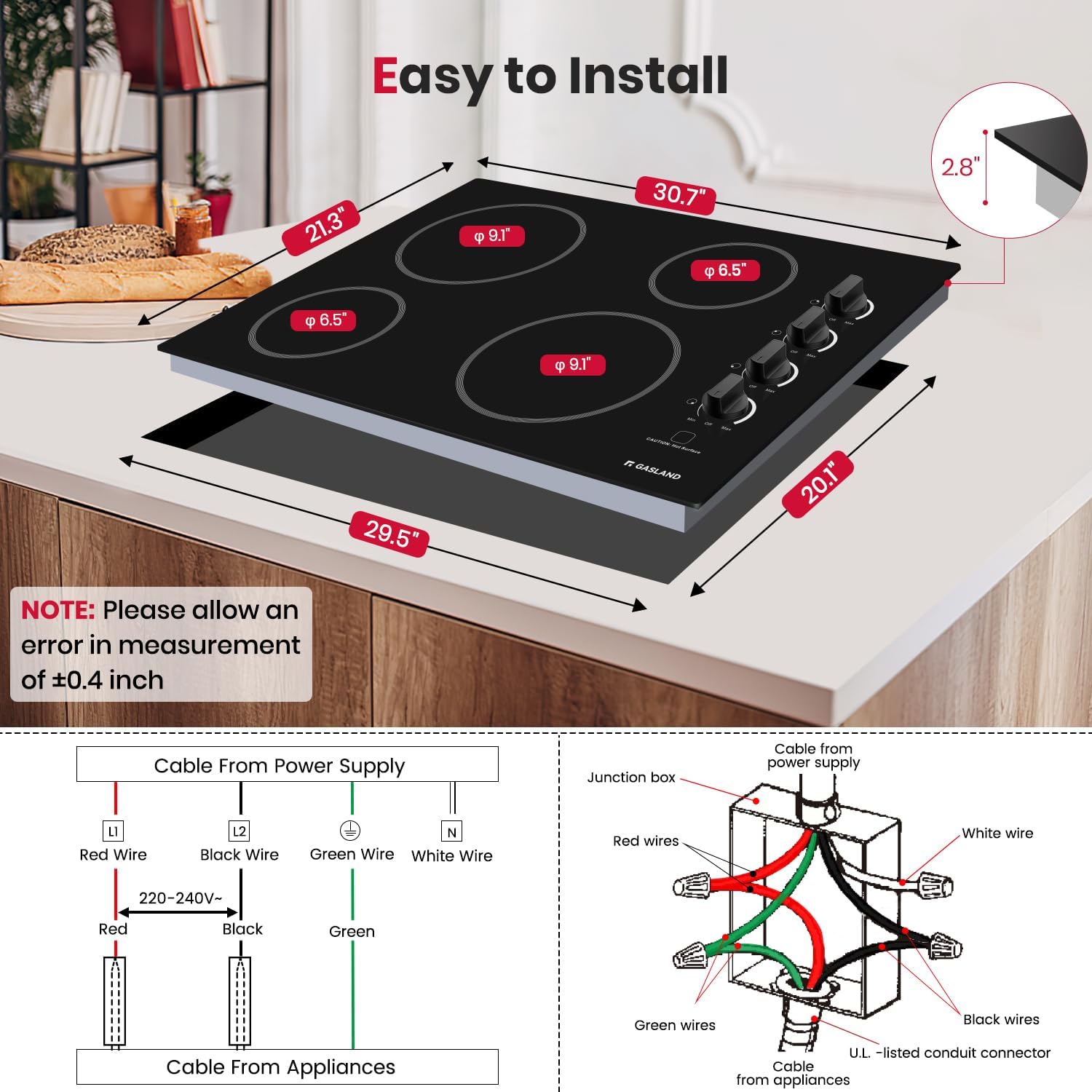 GASLAND Electric Cooktop 30 Inch, Pro CH77BS 7000W Built-in Ceramic Radiant Stovetop with 4 Burners, ETL Approved, Knob Control, Hot Surface Indicator, Child Safety Lock, 240V