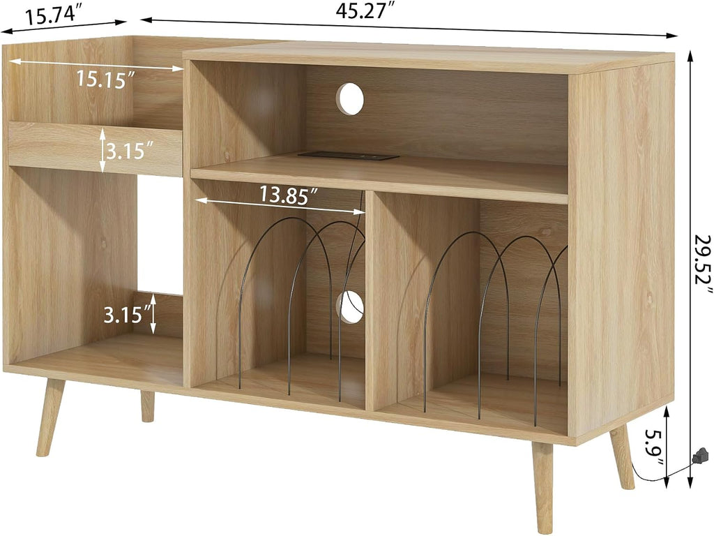 Record Player Stand with Charging Station & USB Ports, Mid-Century Turntable Stand Table Holds Up to 300 Albums, Vinyl Record Storage Cabinet with Wood Legs for Living Room Office (Wood)