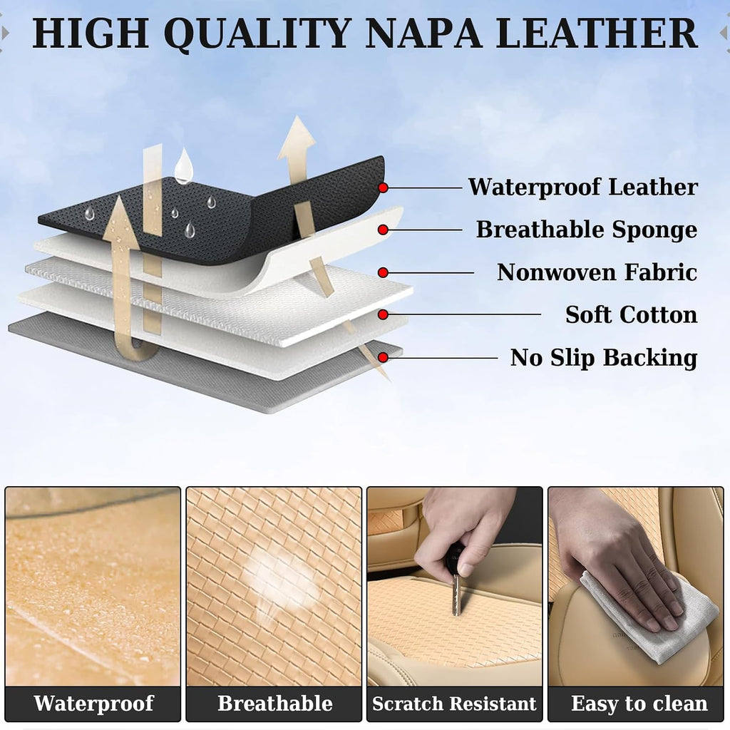 Coverado Car Seat Covers Full Set, Beige Seat Covers for Cars, Waterproof Nappa Leather Automotive Seat Covers with Lumbar Head Pillow, Car Seat Protectors, Universal Fit for Most Cars SUV