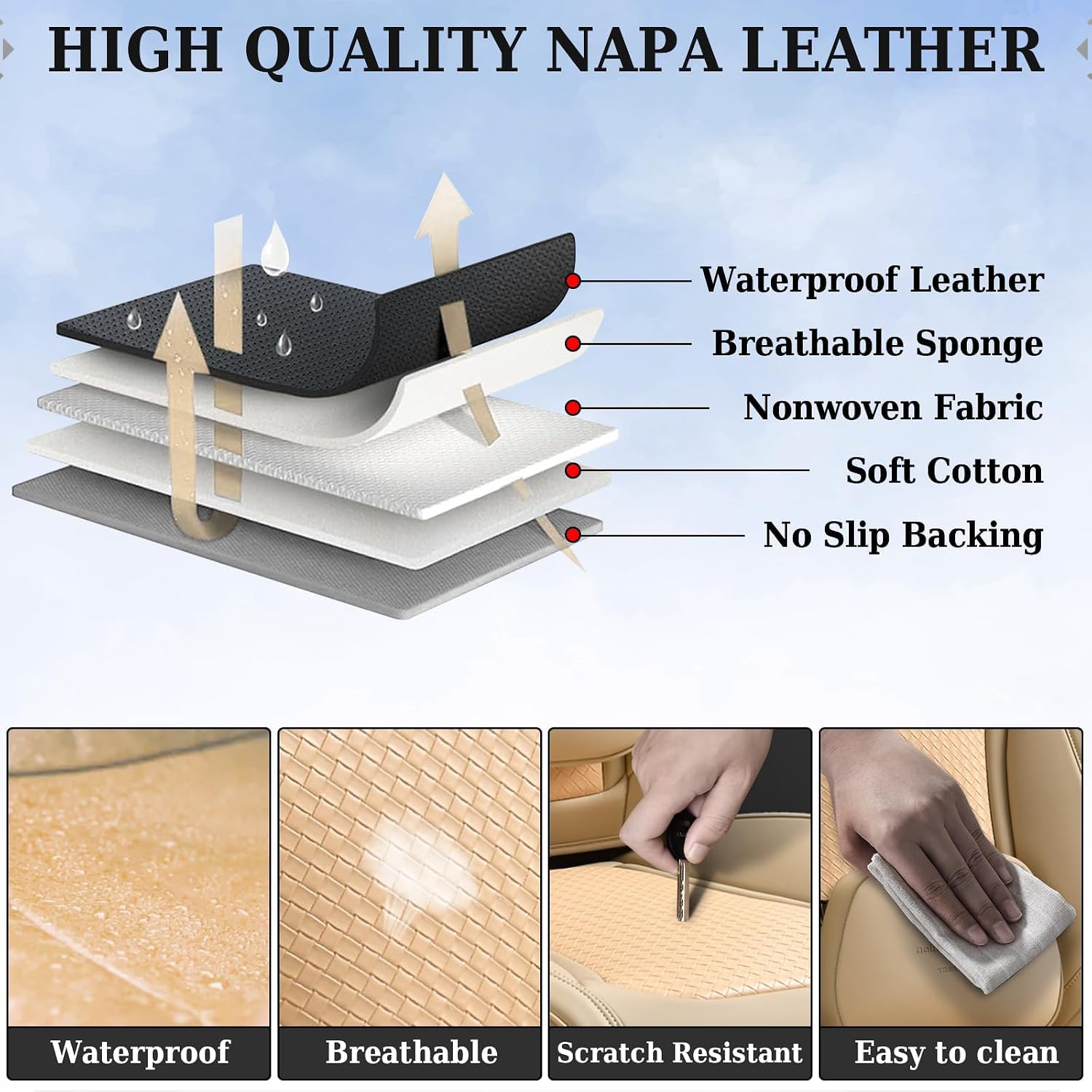 Coverado Car Seat Covers Full Set, Beige Seat Covers for Cars, Waterproof Nappa Leather Automotive Seat Covers with Lumbar Head Pillow, Car Seat Protectors, Universal Fit for Most Cars SUV