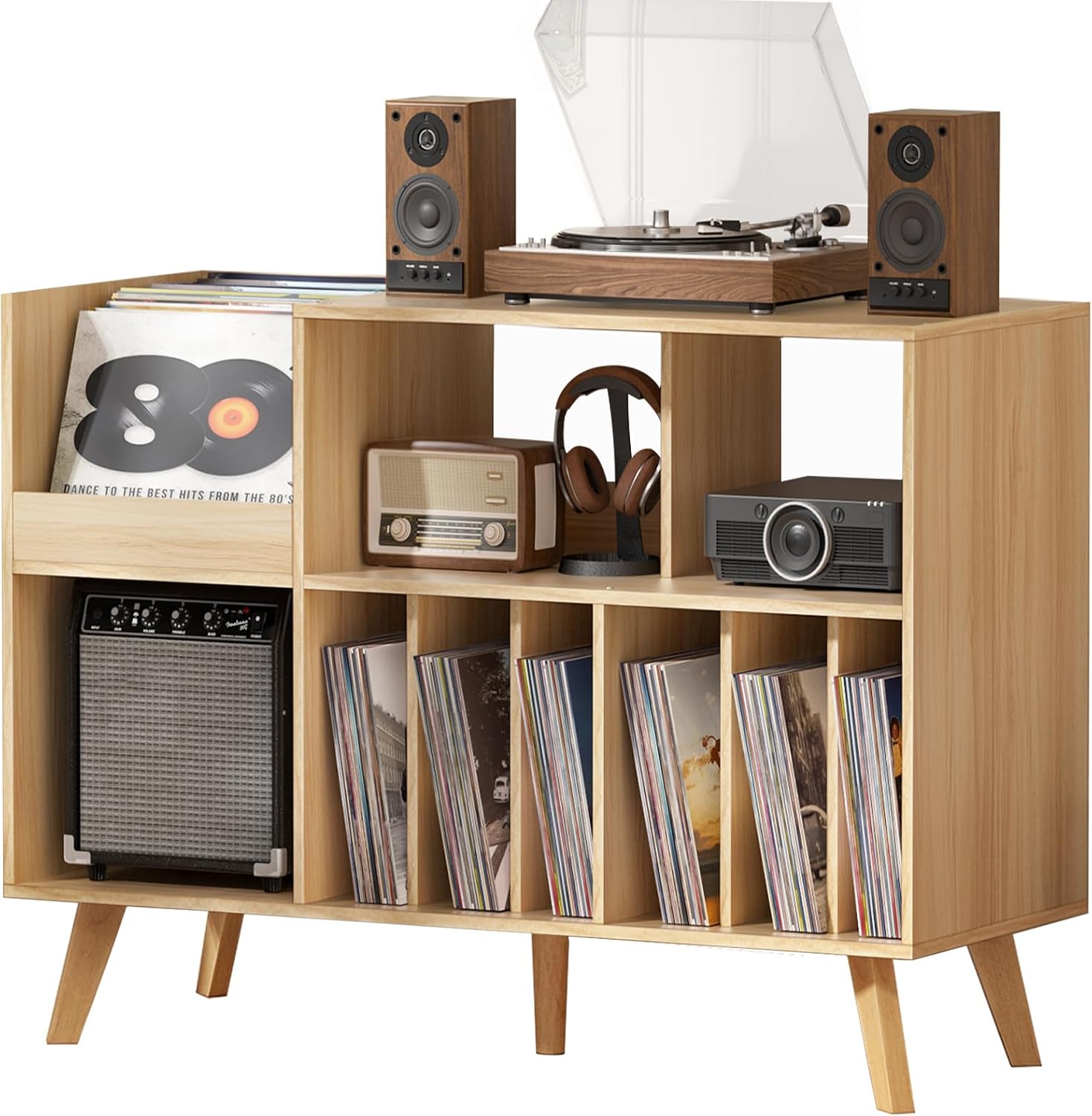 LELELINKY Large Record Player Stand, 48''Turntable Stand with Storage, Vinyl Record Holder with Display Area, Record Player Table Holds Up to 450 Albums, Record Stand for Music Room Living Room