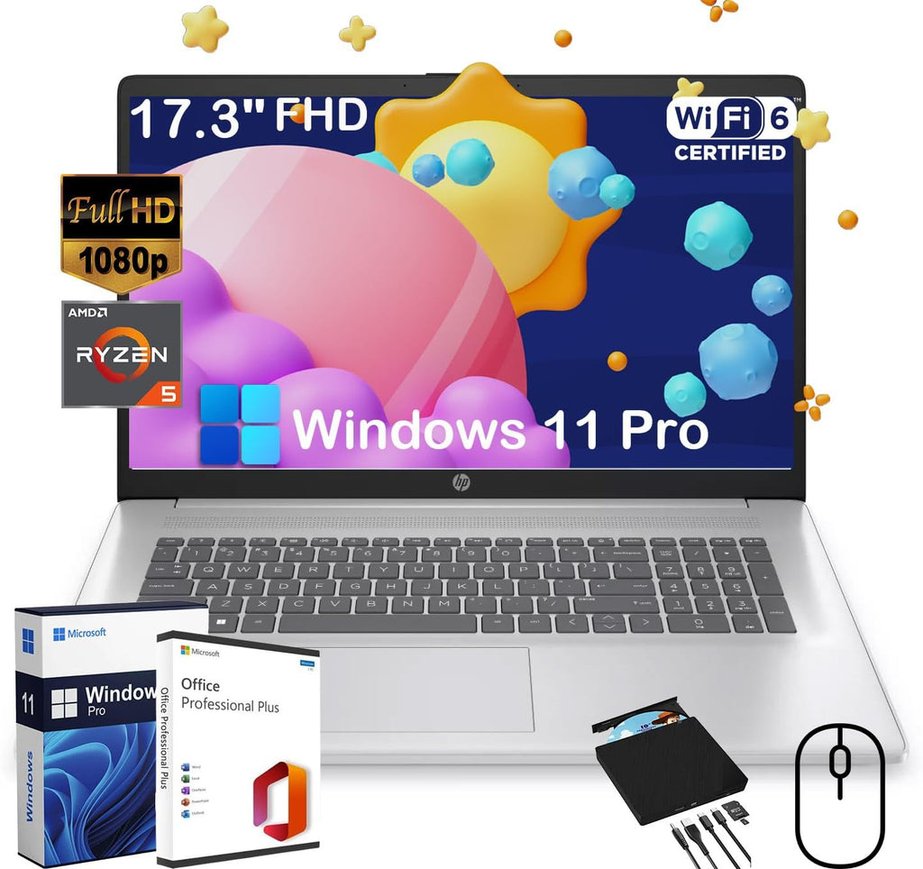 HP 17.3' FHD Laptop for Business and Students - with External CD/DVD Drive & Office Lifetime License, AMD Ryzen 5 7430U (6-core), 250 Nits IPS Display, Webcam, Wifi6, Win 11 Pro (16GB RAM | 512GB SSD)