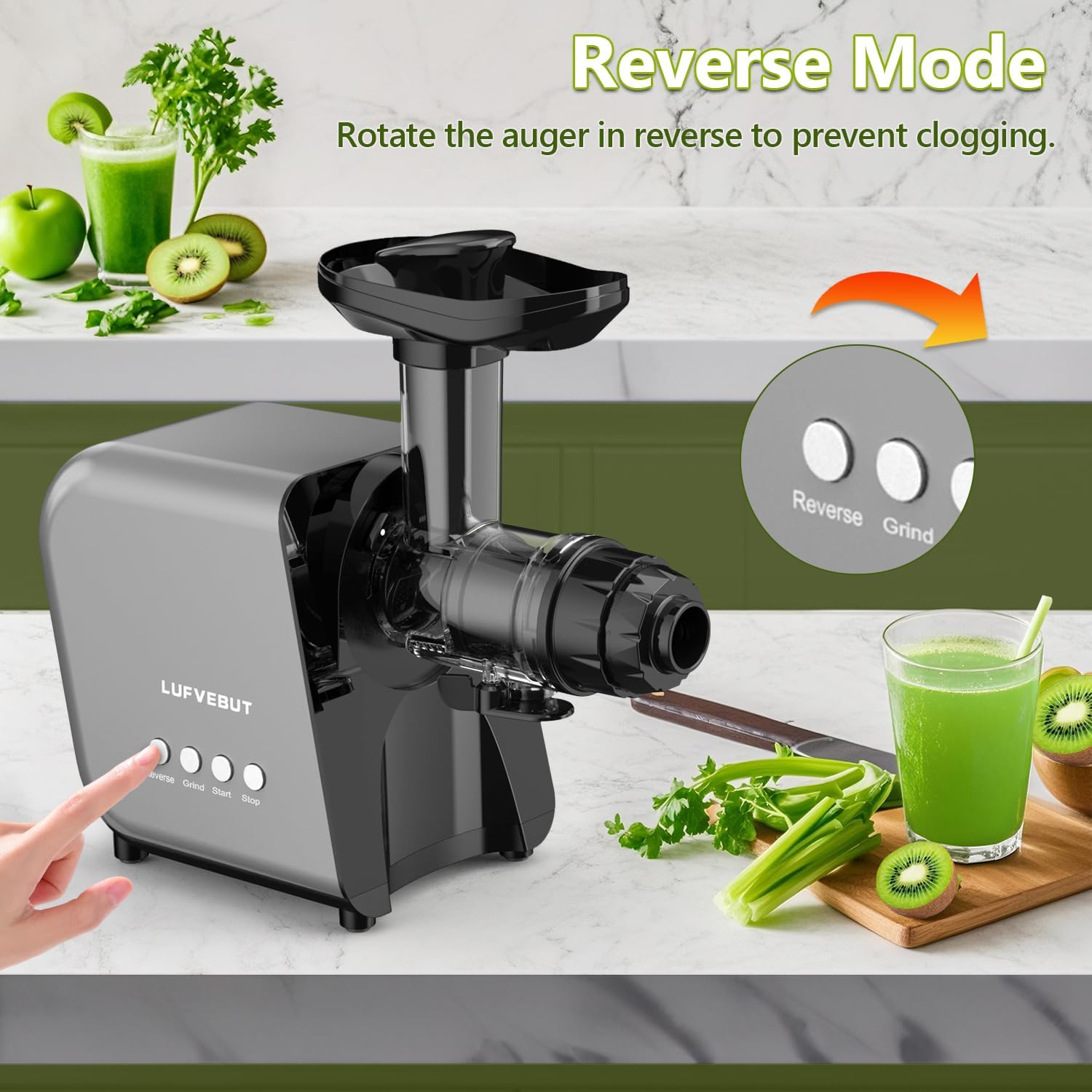 Slow Juicer Carrot Ginger, 250W Cold Press Juicer Machine BAP Free, Easy To Clean High Yield Juicer Extractor with Grinding Function, Dishwasher Safe Masticating Juicer for Hard Vegetable and Fruit