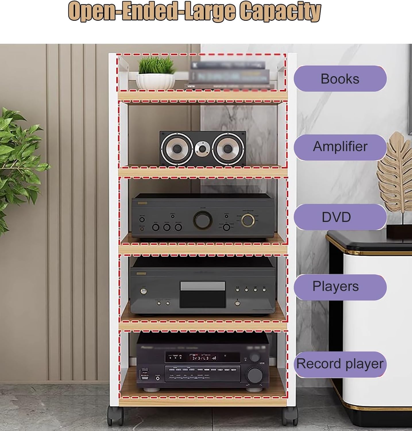 Audio Component Rack Media Stereo Stand Equipment Shelf 3 4 5 Tier, Free Standing Heavy Duty Media Storage Stands on Wheels, Commercial Home（Black-#2-3 layer）