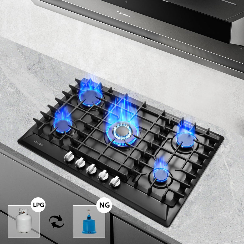 30 Inch Gas Cooktop, Built-in 5 Burners Stainless Steel Gas Stovetop Propane/Natural Gas Convertible Stove Top Dual Fuel Gas Hob (Black)