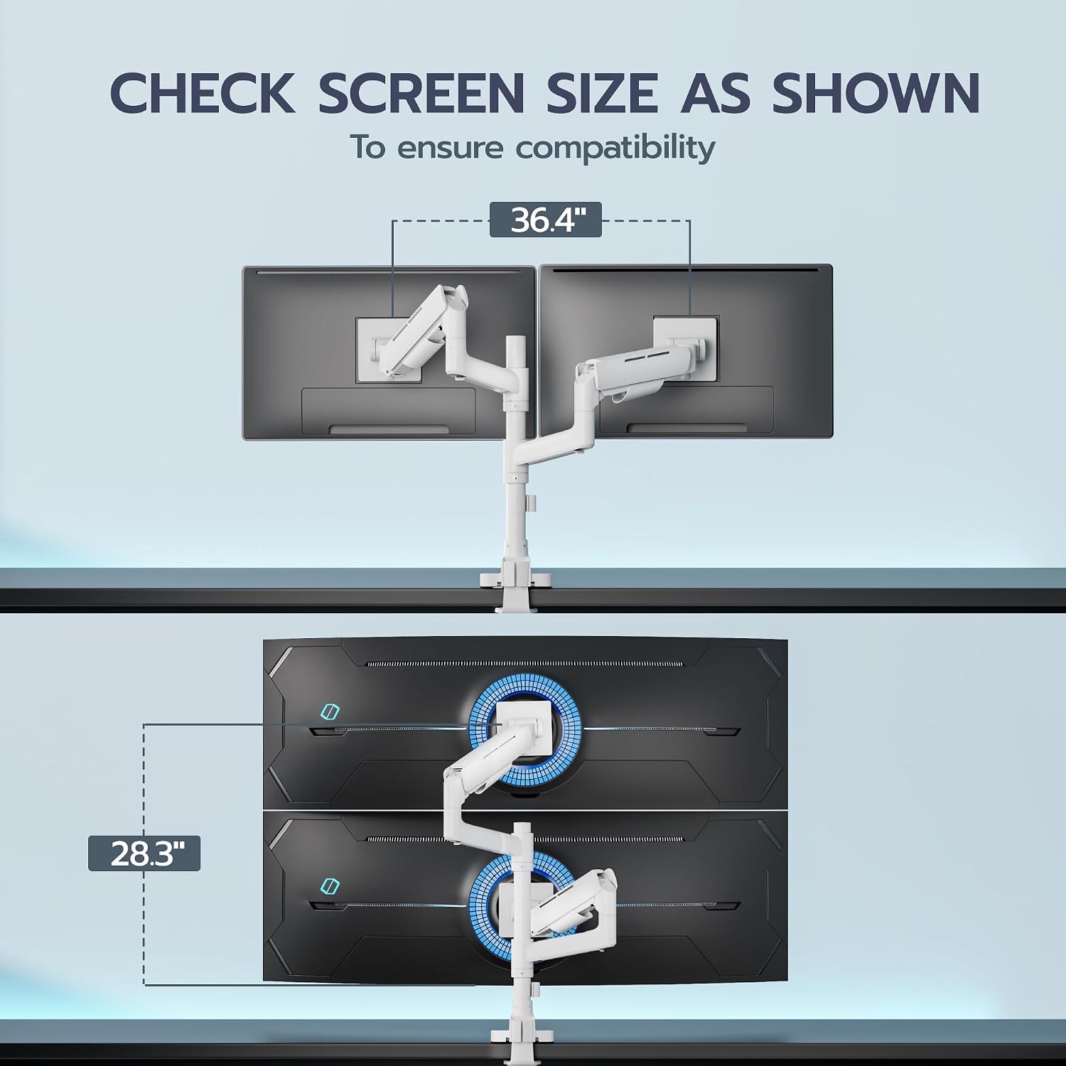 ARES WING Dual Monitor Mount for 17-49 Inch Ultrawide Heavy Duty Curved Screen Stacking, Computer Monitor Arm Desk Mount with USB, Gas Spring Adjustable Vesa Stand, White
