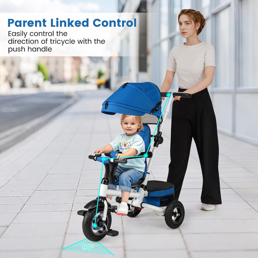 HONEY JOY Tricycle, 5-in-1 Folding Baby Trike Stroller w/Adjustable Handle & Canopy, Reversible Seat, Safety Belt, Folding Pedal, Bell, Storage, Push Tricycle for Toddlers 1-5 Years Old (Blue)