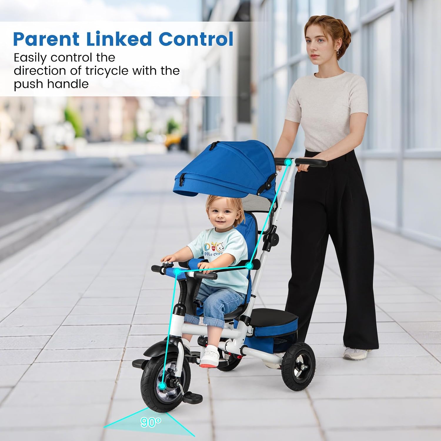 HONEY JOY Tricycle, 5-in-1 Folding Baby Trike Stroller w/Adjustable Handle & Canopy, Reversible Seat, Safety Belt, Folding Pedal, Bell, Storage, Push Tricycle for Toddlers 1-5 Years Old (Blue)