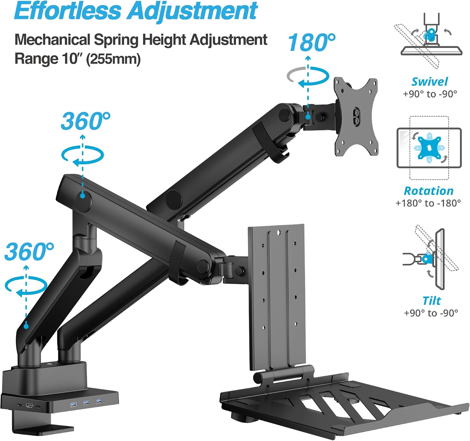 AVLT Dual 17'-38' Monitor Arm Desk Mount with 17' Laptop Tray and USB-C Docking Station, HDMI 4K60Hz, USB-A 5Gbps, Ethernet, 100W PD, Fits Two Flat/Curved - Black