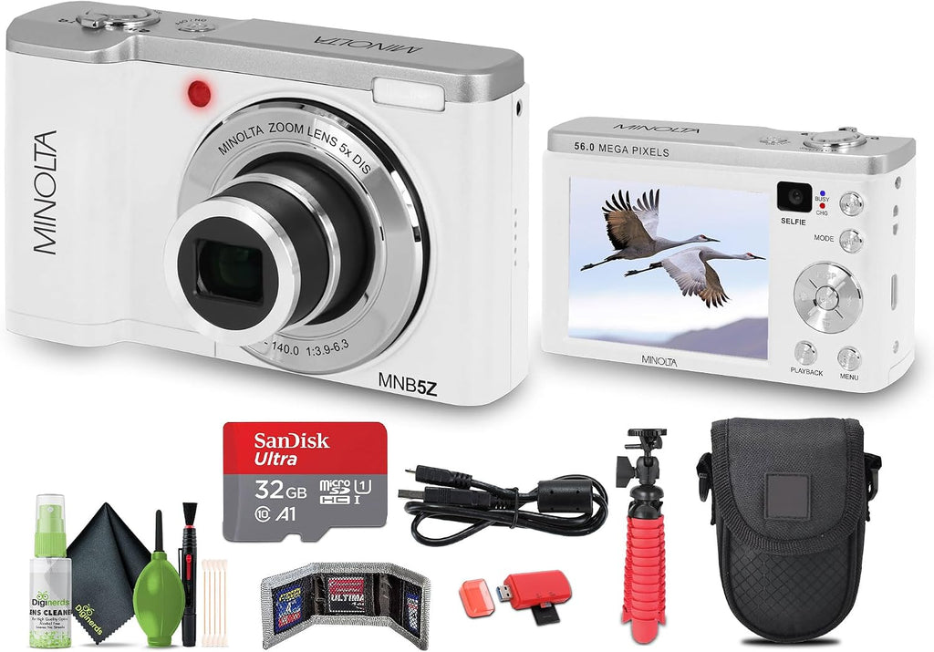 Minolta MNB5Z 56MP Dual Lens Point & Shoot Digital Camera with 5X Optical Zoom & 5K Ultra HD Video Bundle with 32GB Memory Card + Vlogger Tripod + Bag + 6Ave Cleaning Kit + More Accessories (White)