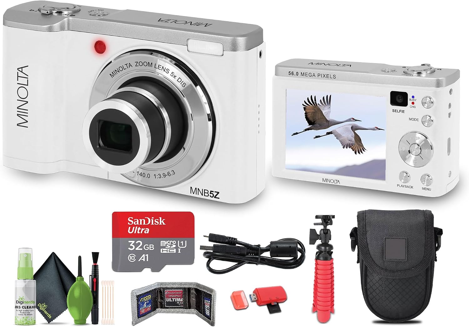 Minolta MNB5Z 56MP Dual Lens Point & Shoot Digital Camera with 5X Optical Zoom & 5K Ultra HD Video Bundle with 32GB Memory Card + Vlogger Tripod + Bag + 6Ave Cleaning Kit + More Accessories (White)