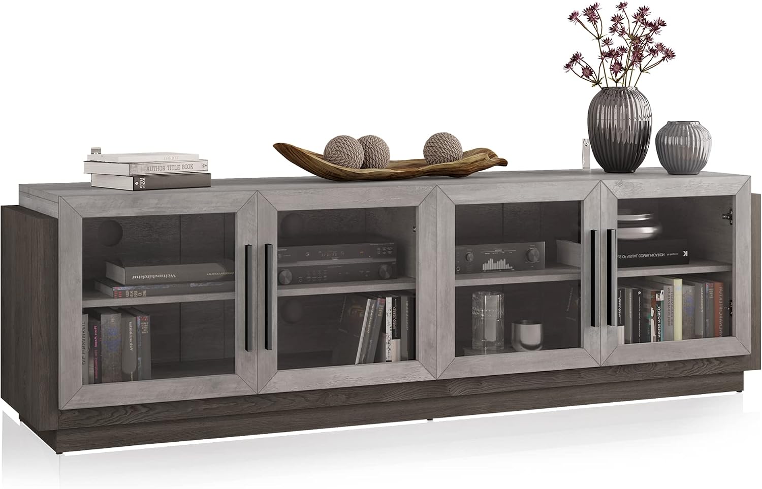 BELLEZE 70' TV Stand for TVs up to 75', Modern TV Cabinet & Entertainment Center with Shelves, Wood Storage Cabinet for Living Room or Bedroom - Brixston (Grey)