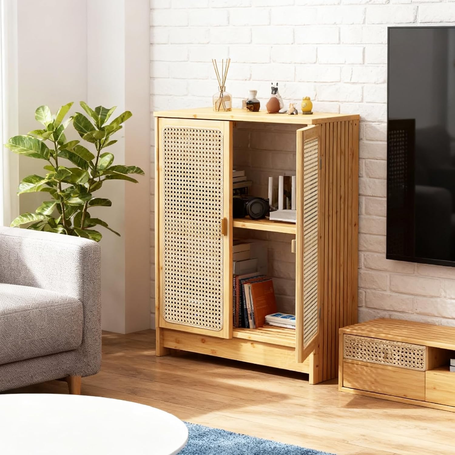 Jueraori WiFi Router Storage Cabinet with Adjustable Shelves, 2-Tier Bamboo Rattan Standing Modem Organizer Box for Home & Office, No Back Panel, 27.6' x 19.7' x 9.8'