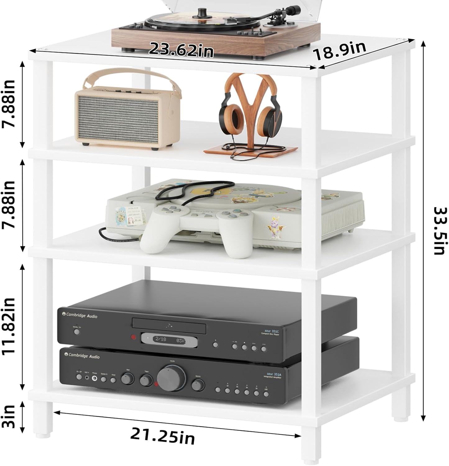 LELELINKY 4-Tier AV Media Player Stand Set of 2, White Stereo Cabinet, Wooden TV Stand,Game Console Shelf, Multifunctional Entertainment Center, Suitable for Home, Conference Room, Game Studio