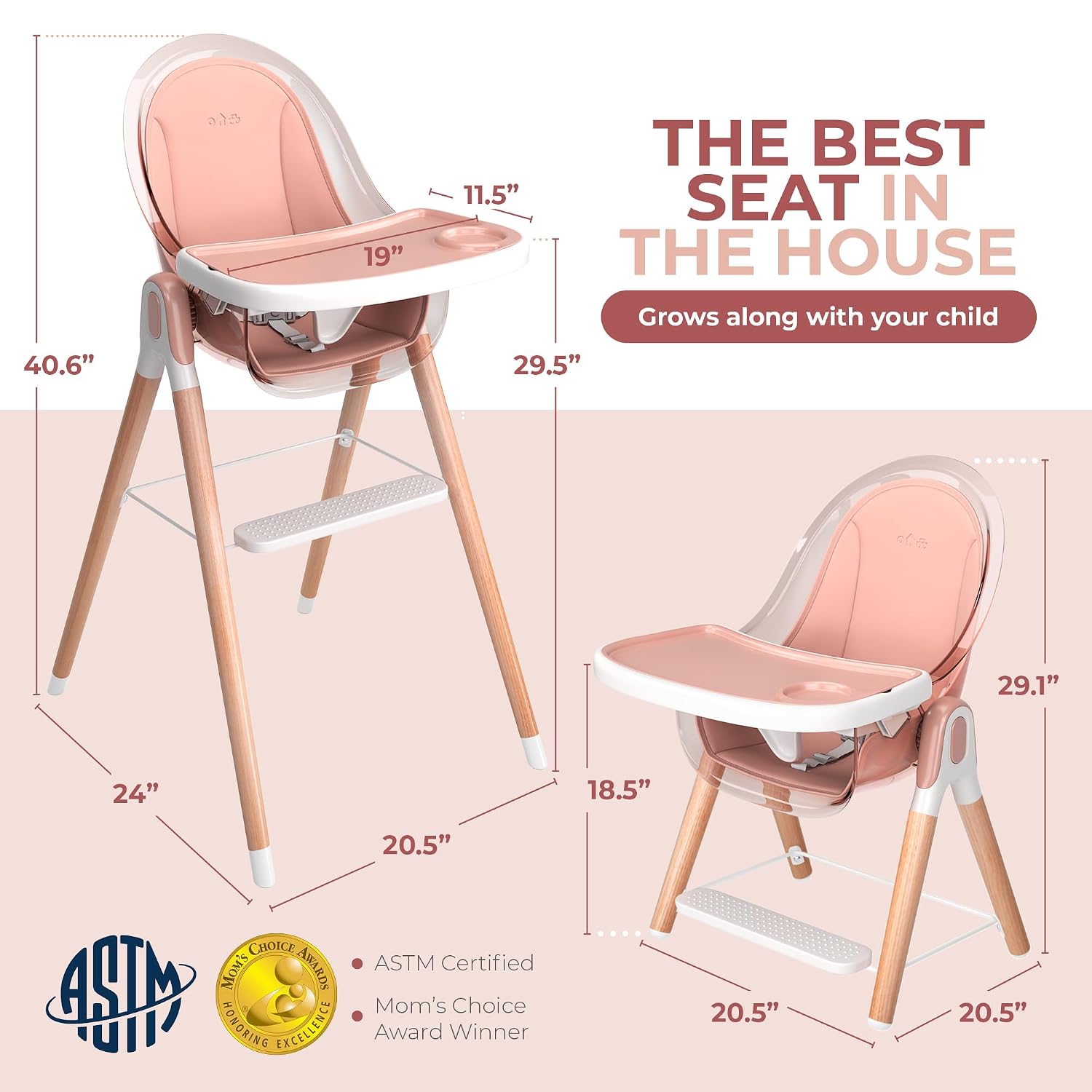 High Chair by Children Of Design Non-Reclinable 6 in 1 Baby Highchair for Babies and Toddlers, Modern wooden, Easy to Clean, Removable Tray and Cushion