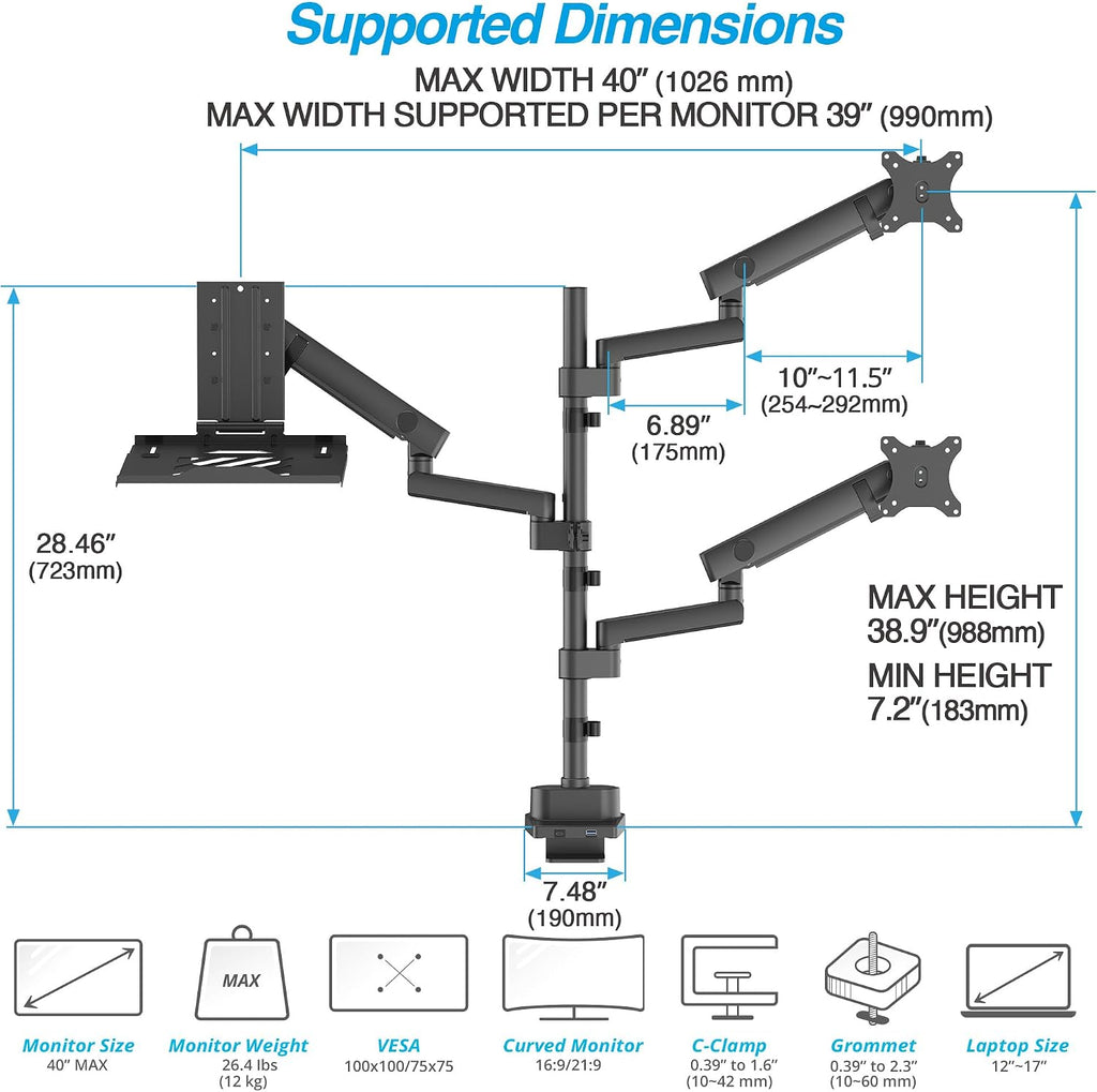 AVLT Laptop & Dual 40 Inch Stacking Monitor Arm Pole Top Mount with USB-C&A Ports-Black, Supports 26.4 lbs (12kg), Ultrawide Screen Fit, VESA Compatible, Multi-Screens, Ergonomic Workspace Upgrade