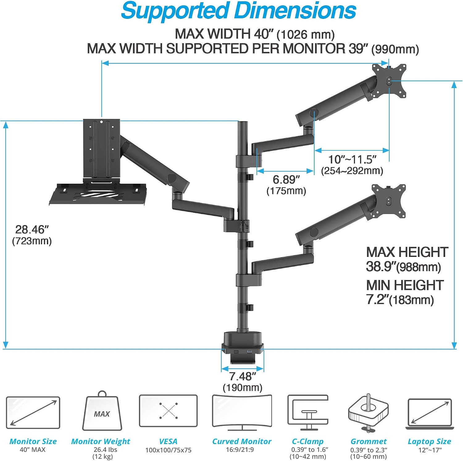 AVLT Laptop & Dual 40 Inch Stacking Monitor Arm Pole Top Mount with USB-C&A Ports-Black, Supports 26.4 lbs (12kg), Ultrawide Screen Fit, VESA Compatible, Multi-Screens, Ergonomic Workspace Upgrade