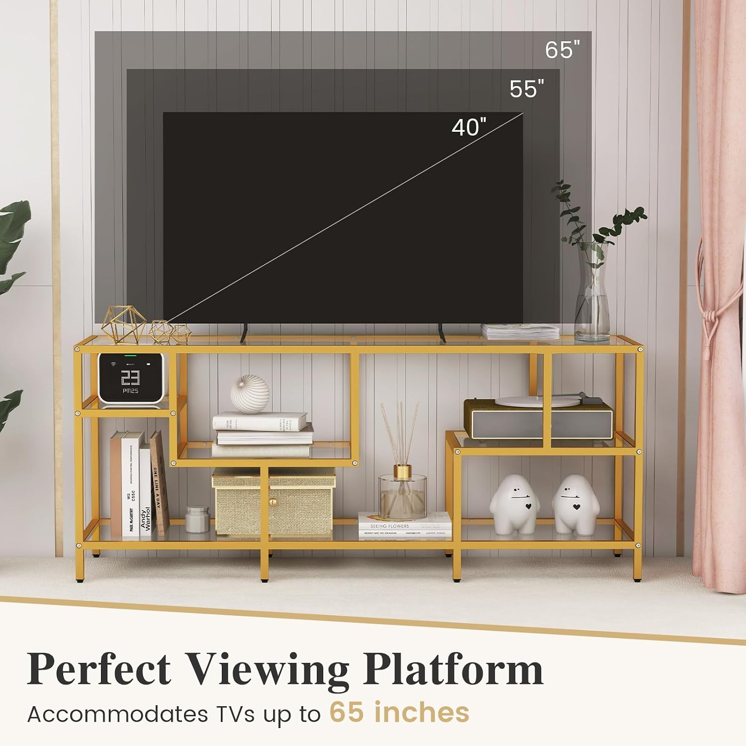 Tangkula Gold TV Stand for TVs up to 65', 58' TV Console Table with Tempered Glass Shelves & Golden Metal Frame, Modern Media Entertainment Center for Living Room & Entryway, Gold (58', Rectangular)
