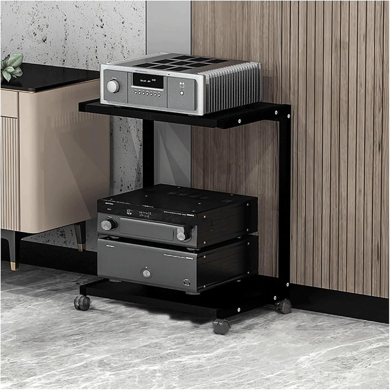 Audio Rack 2/3 Tier Stereo Rack Audio Equipment Rack Audio Stereo Shelf Wooden Open Audio-Video Shelving with 360° Swivel Wheels(Nero,61cm)