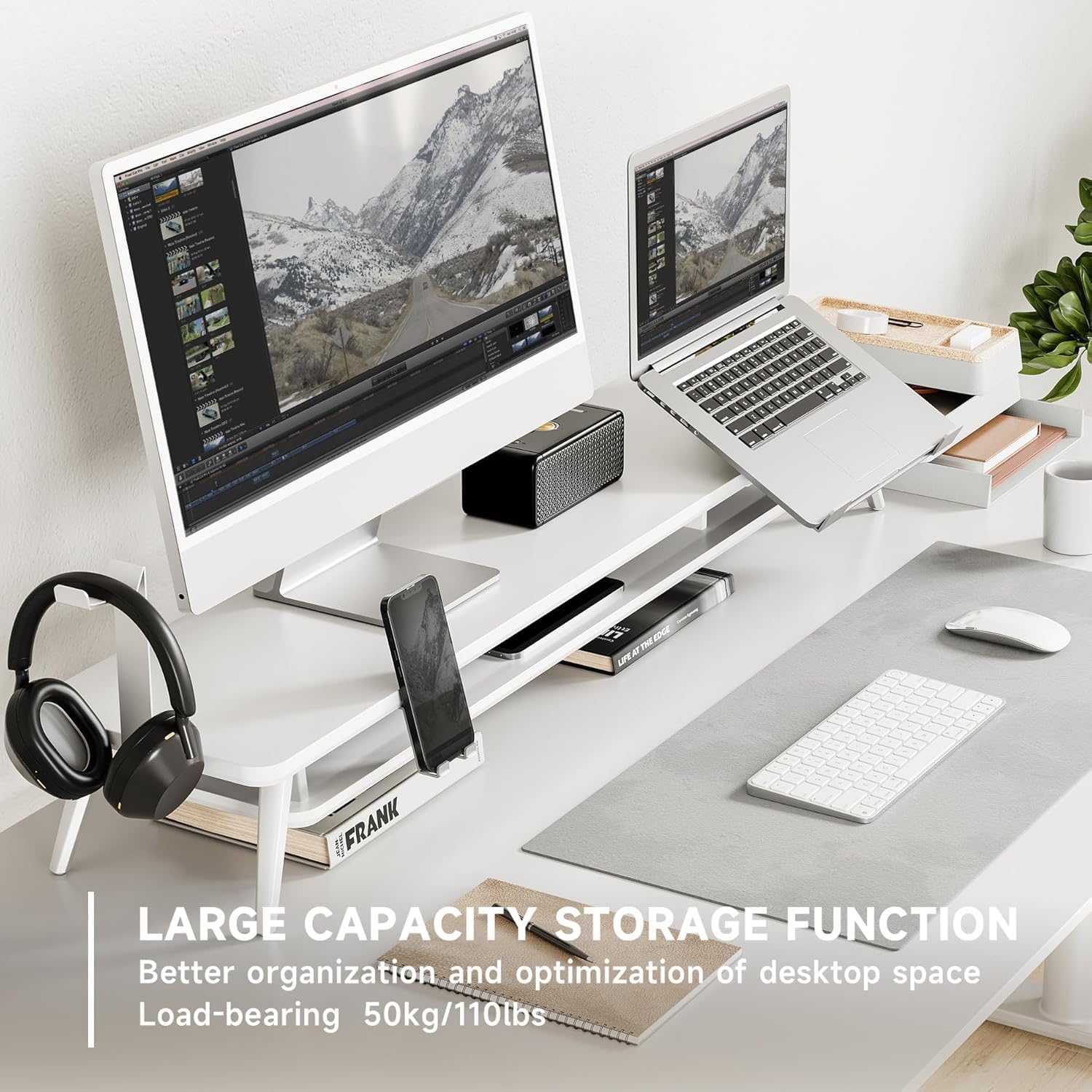 Fenge Dual Monitor Stand, Monitor Riser for 2 Monitors with Adjustable Laptop Riser , 42.5 Inch Desk Shelf for Top of Desk with Phone Holder& Headphone Stand