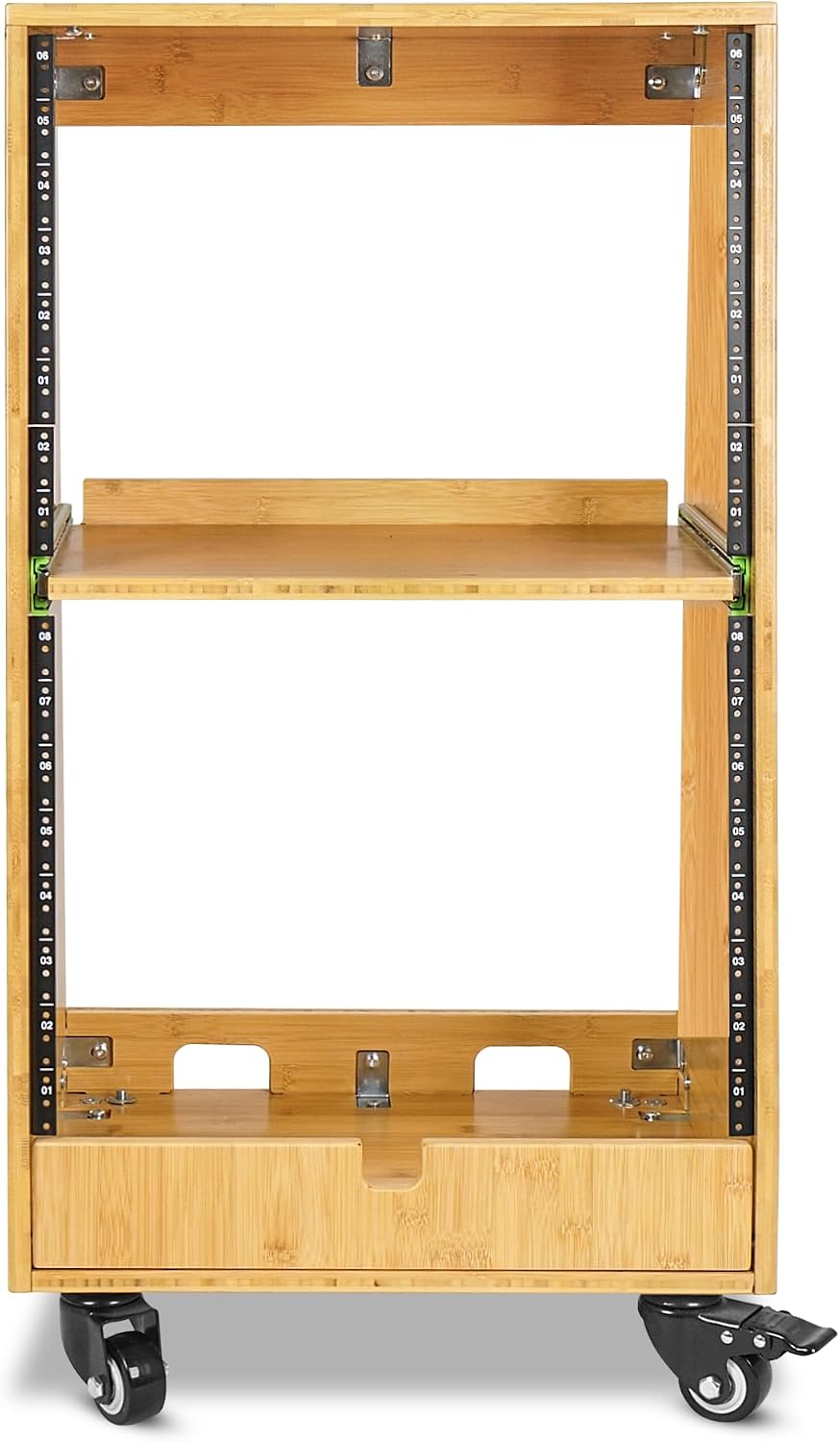 Sound Town DIY Solid Carbonized Bamboo Slanted 16U Studio Rack (8U Top + 8U Lower), with 2U Bottom Storage, Slide-Out Tray, Caster, For Recording Room, Home Studio (STBR-ST16T)