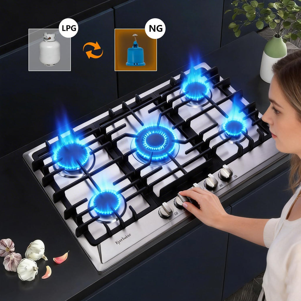 Gas Cooktop 30 Inch, Stainless Steel 5 Burners Gas Stovetop Built-in LPG/NG Convertible Gas Cooktop Dual Fuel Sealed Gas Stove