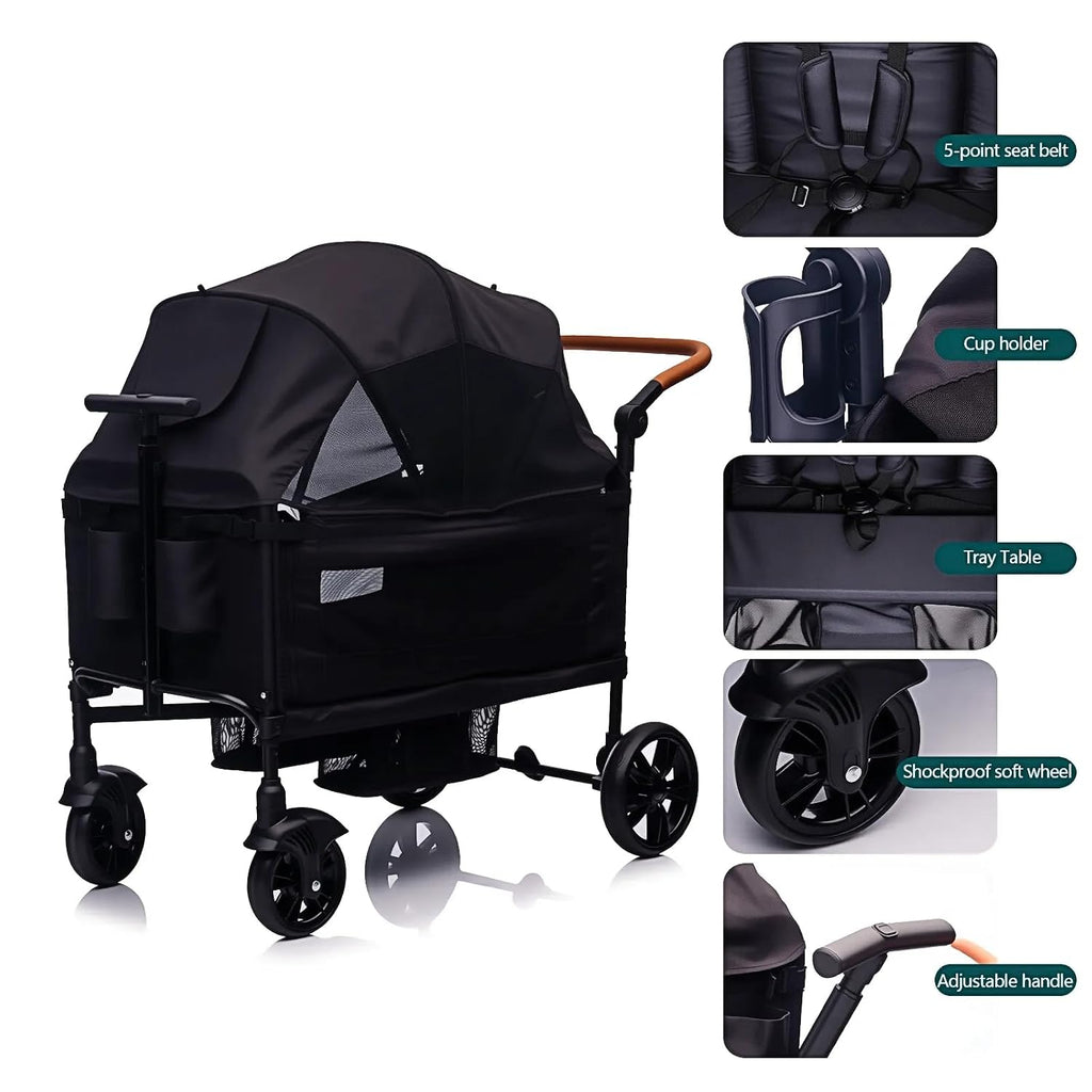 Luxury Wagon Stroller for 2 Kids & Cargo-Lightweight Foldable Travel Push Pull All-Terrain Double Wagon for Newborn&Toddler with 5-Point Harness,Adjustable Handle, Canopy,Tray Table,Cup Holder