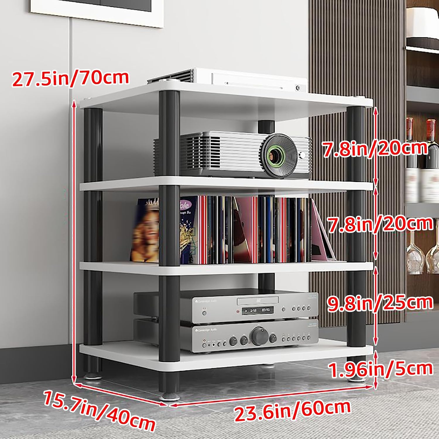 AV Media Stand 1/2/3/4 Tier Record Player DVD CD Audio Rack Tower Holder, Adjustable Media Storage Cabinet, Entertainment Stereo Racks Equipment Console Shelf,Black,4 Tier