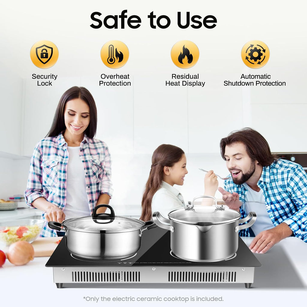 4 Burners Electric Cooktop 24 inch, 3000W Built-in/Countertop Ceramic Stove with 9 Power Levels, 110V Black Glass Electric Stove Top Burner with Child Lock, Timer, Overheat Protection for Home Kitchen