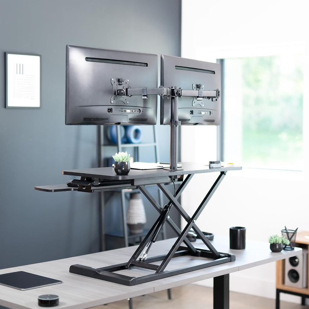 VIVO Height Adjustable 36 inch Standing Desk Converter with Dual 13 to 30 inch Monitor Stand, Sit Stand Monitor Mount and Desk Riser, Black, DESK-V036K-M2