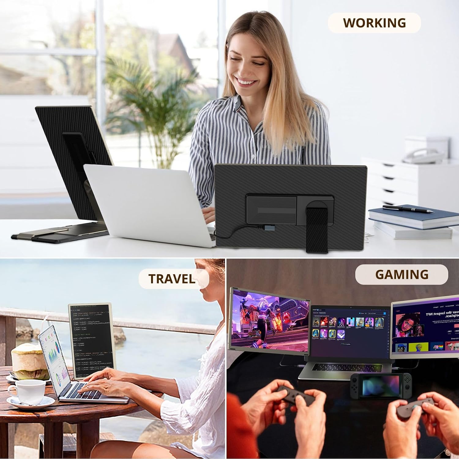 BOSII Laptop Screen Extender Monitor - 15.6' IPS FHD 1080P Triple Portable Extended Monitor for Laptops Type-C/HDMI/USB-A Compatible with Windows Mac Chrome