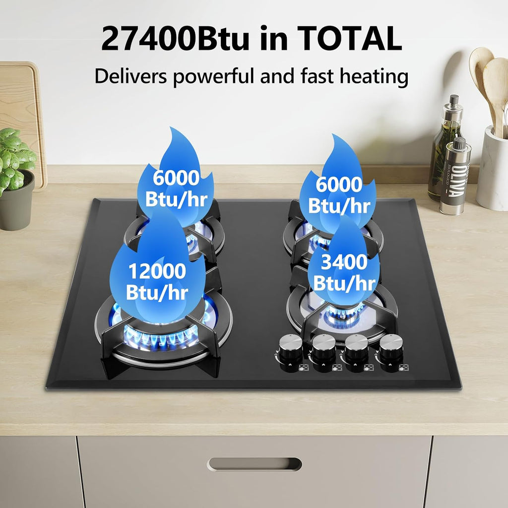 Gas Stove Top 4 Burners 24inch, Built-in Glass Gas Cooktop Propane Neutral Gas Convertible Stovetop, NG/LPG Dual Fuel Stovetop for Home, RVs