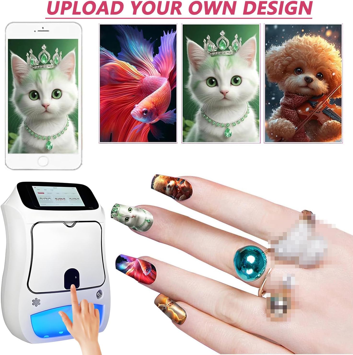 Smart 3D Nail Art Printer Machine with 5' Touchscreen & App Control, 4800DPI High-Resolution, Auto Nail Shape Recognition, 3000+ Designs, DIY Custom Printing Kit for Home & Salon Printer