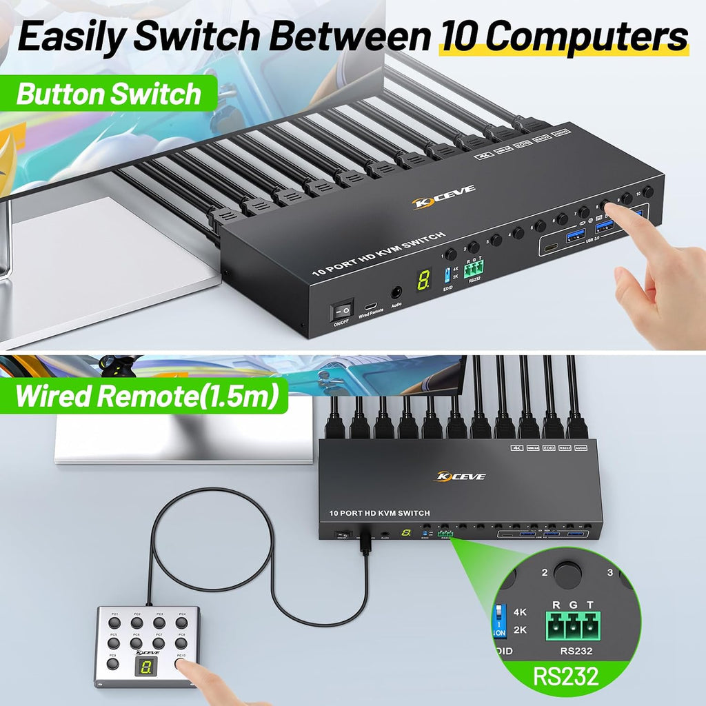 8 Port HDMI Displayport KVM Switch 2 Monitors 8 Computers 4K@60Hz EDID Simulation,8 PC Dual Monitor KVM Switch with 4 USB 3.0 Ports,Audio,RS232,with Wired Remote,12V Power Adapter and 8 USB Cable
