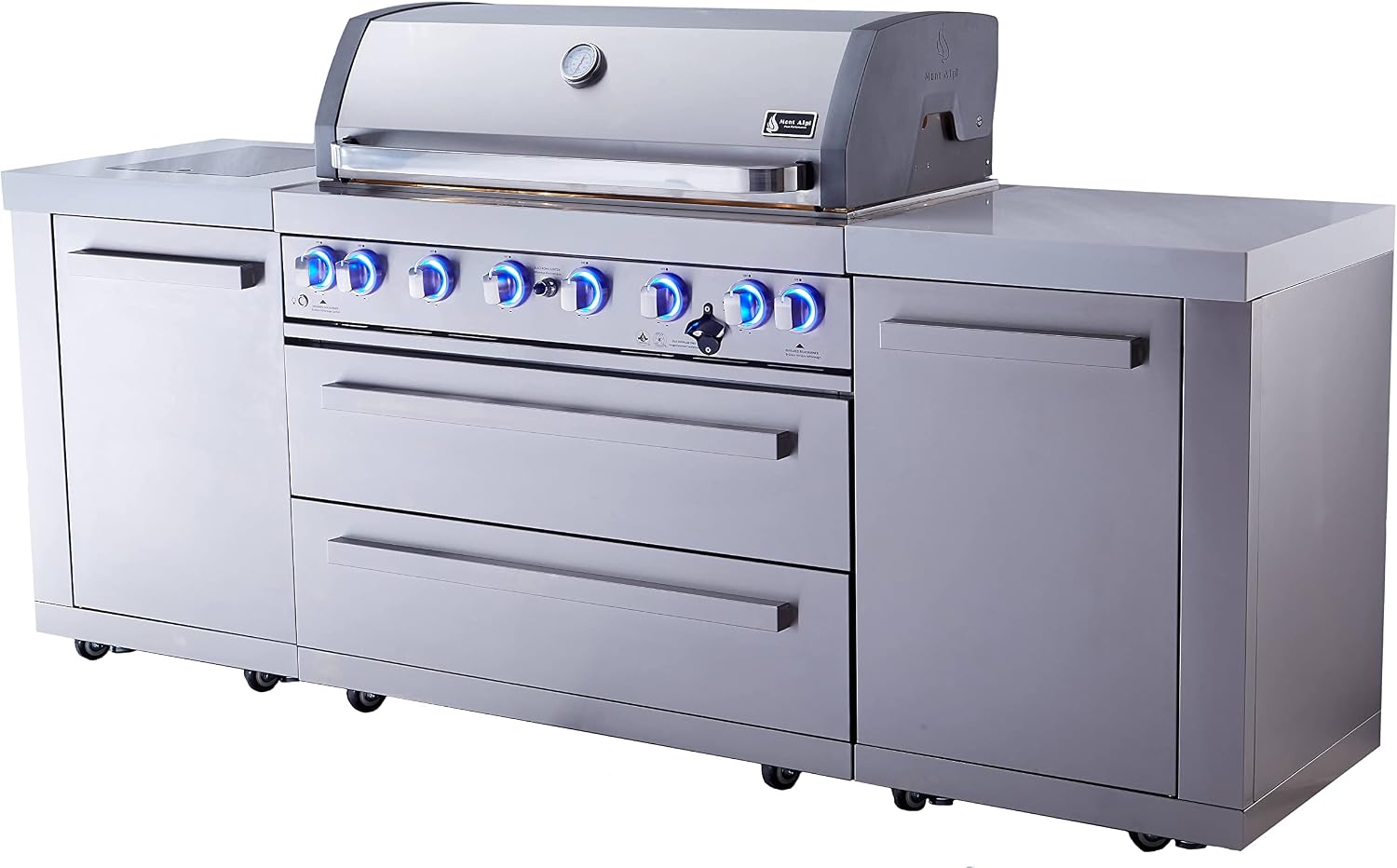Mont Alpi MAi805 Outdoor Kitchen Island Grill - 44 Inch 6 Burner 115000 BTU Stainless Steel | Infrared Side & Rear Burner | Granite Countertop | Propane