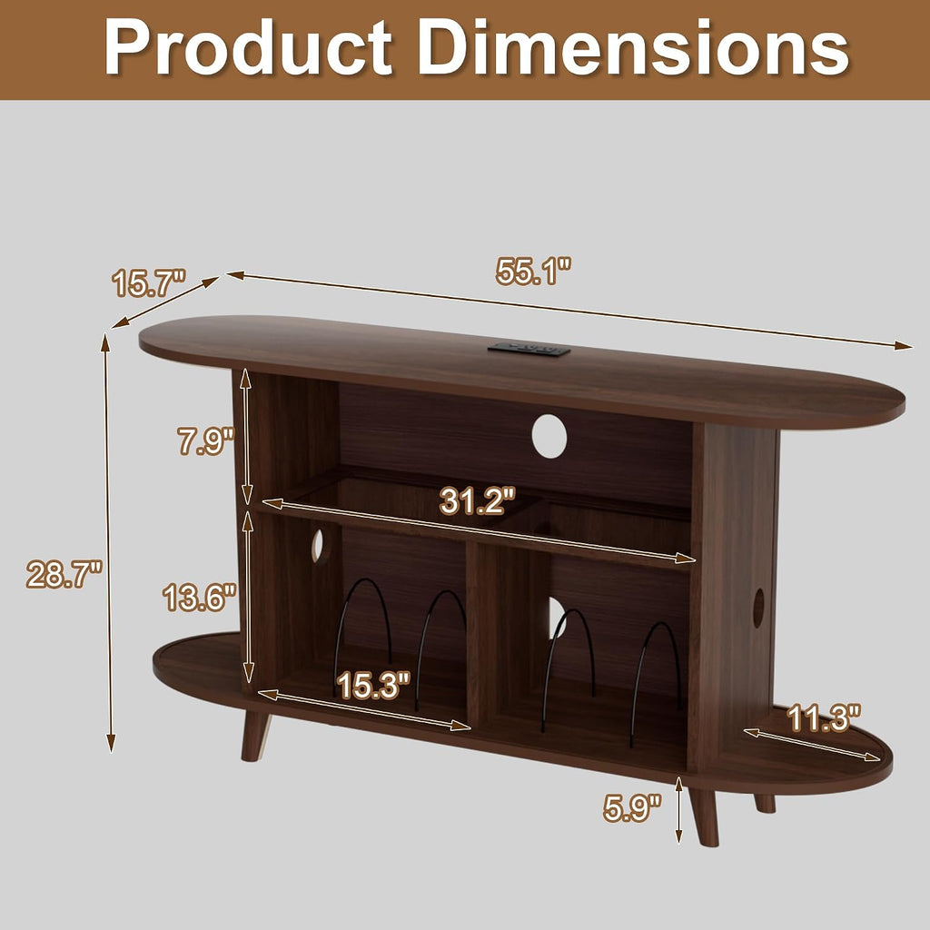 Vinyl Record Player Stand with LED Lights & Charging Station, Large Record Holdert with Sliding Door for Turntable, Speakers, Modern Media Cabinet for Living Room Bedroom (Walnut, 55in)