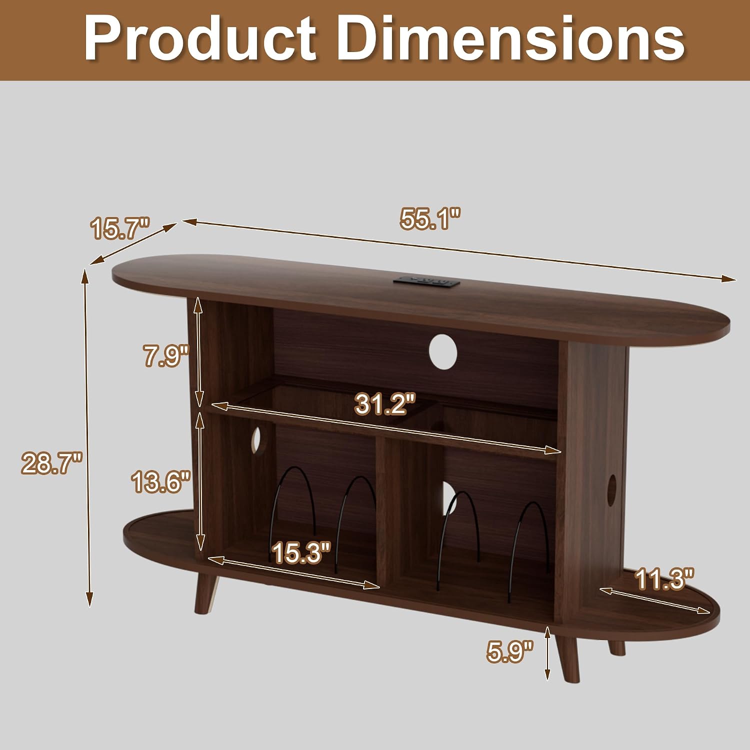 Vinyl Record Player Stand with LED Lights & Charging Station, Large Record Holdert with Sliding Door for Turntable, Speakers, Modern Media Cabinet for Living Room Bedroom (Walnut, 55in)