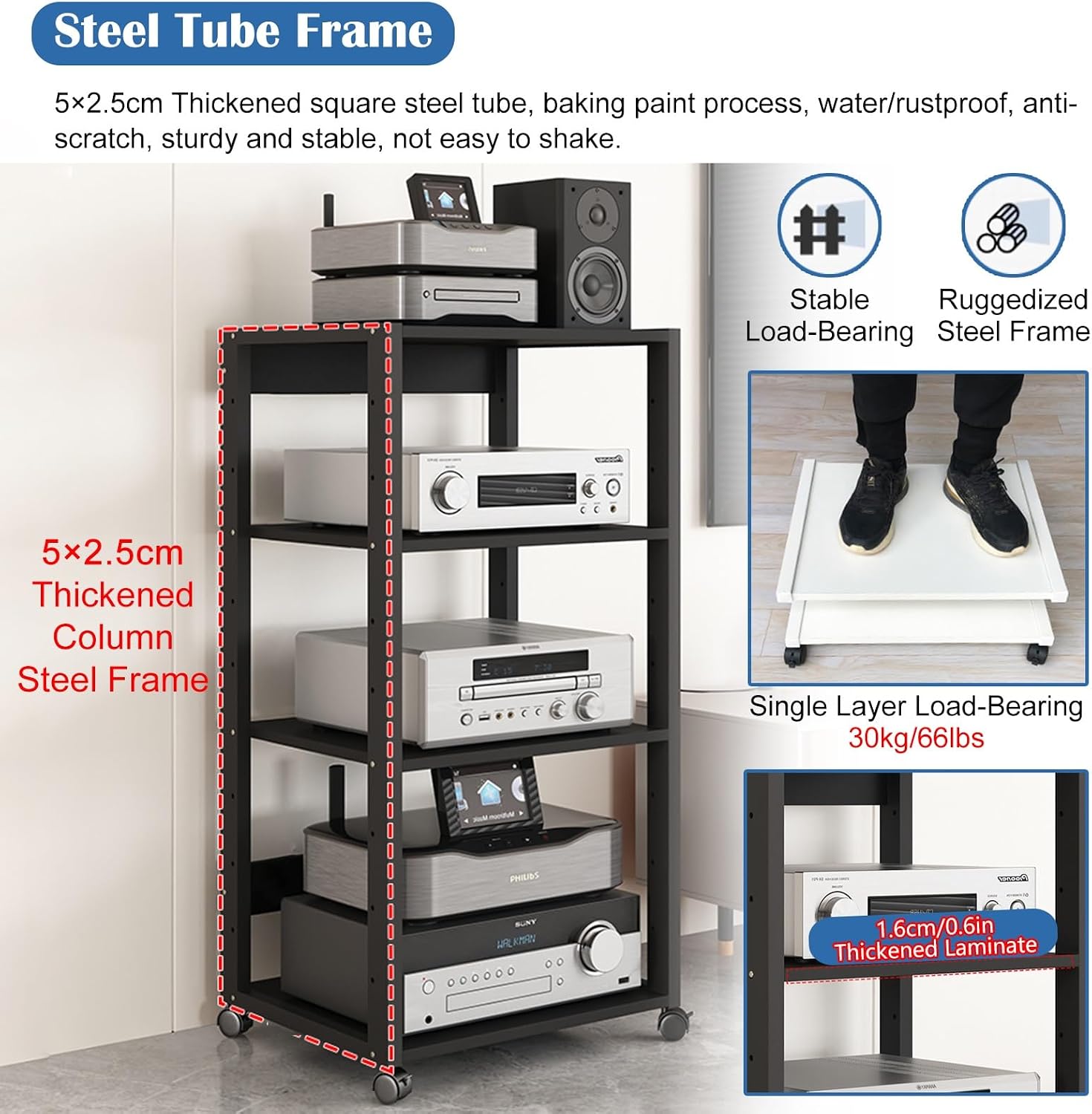 Modern Record Player Stand, 4/3 Tier Mobile Audio AV Media Shelf, Vertical Storage Cabinet for Office Home Classroom, Stereo Equipment Rack, Adjustable